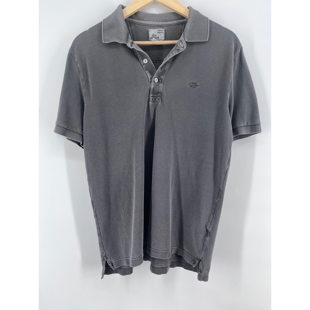 Lacoste Mens Vintage Washed Grey Cotton Pique Polo Shirt Size 5 L Sporty Preppy